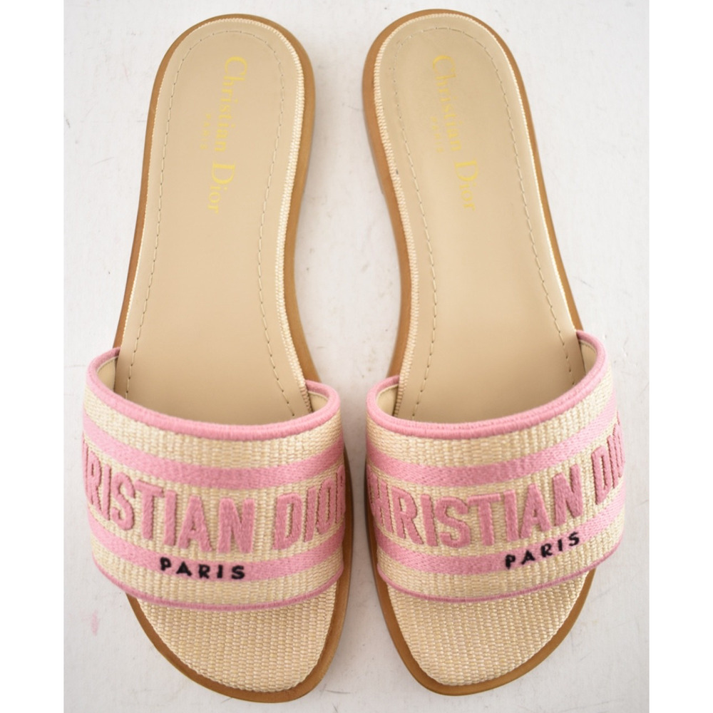 Christian Dior Dway Rose Begonia Pink Raffia Beige Logo Slide Flat Sandal 38.5 - Picture 9 of 13